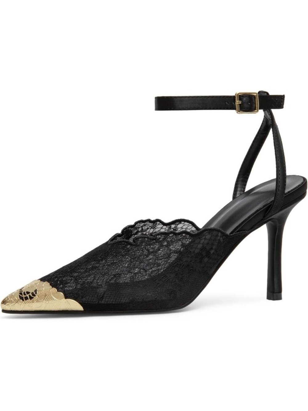 Women's Black Wedding Lace Stiletto Pumps Gold Pointed Cap Toe Ankle Straps